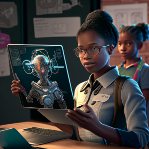 In the foreground of the image a child holds a transparent tablet. On the screen is a humanoid robot presumably delivering a lesson. The light of the screen illuminates the child’s glasses. In the middle ground another child looks directly at the viewer, breaking the fourth wall in an unsettling way. The background shows a traditional classroom, with blurred posters decorating the walls. The image is photorealistic and ultra-detailed, however it demonstrates the tell-tale issues with hands that early Midjourney images were known for.